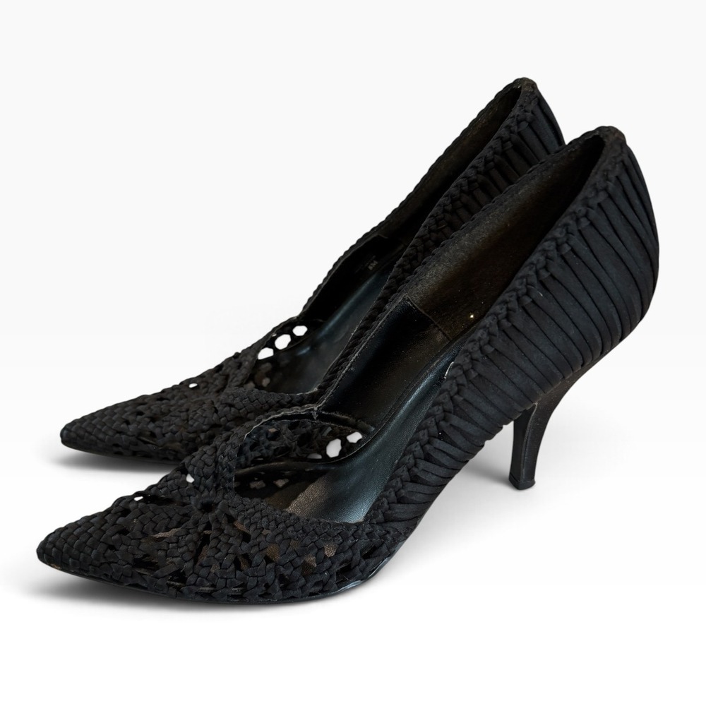 Vintage Black Woven Satin Crochet Stiletto Heels Pointed Toe Pumps 8M Boho